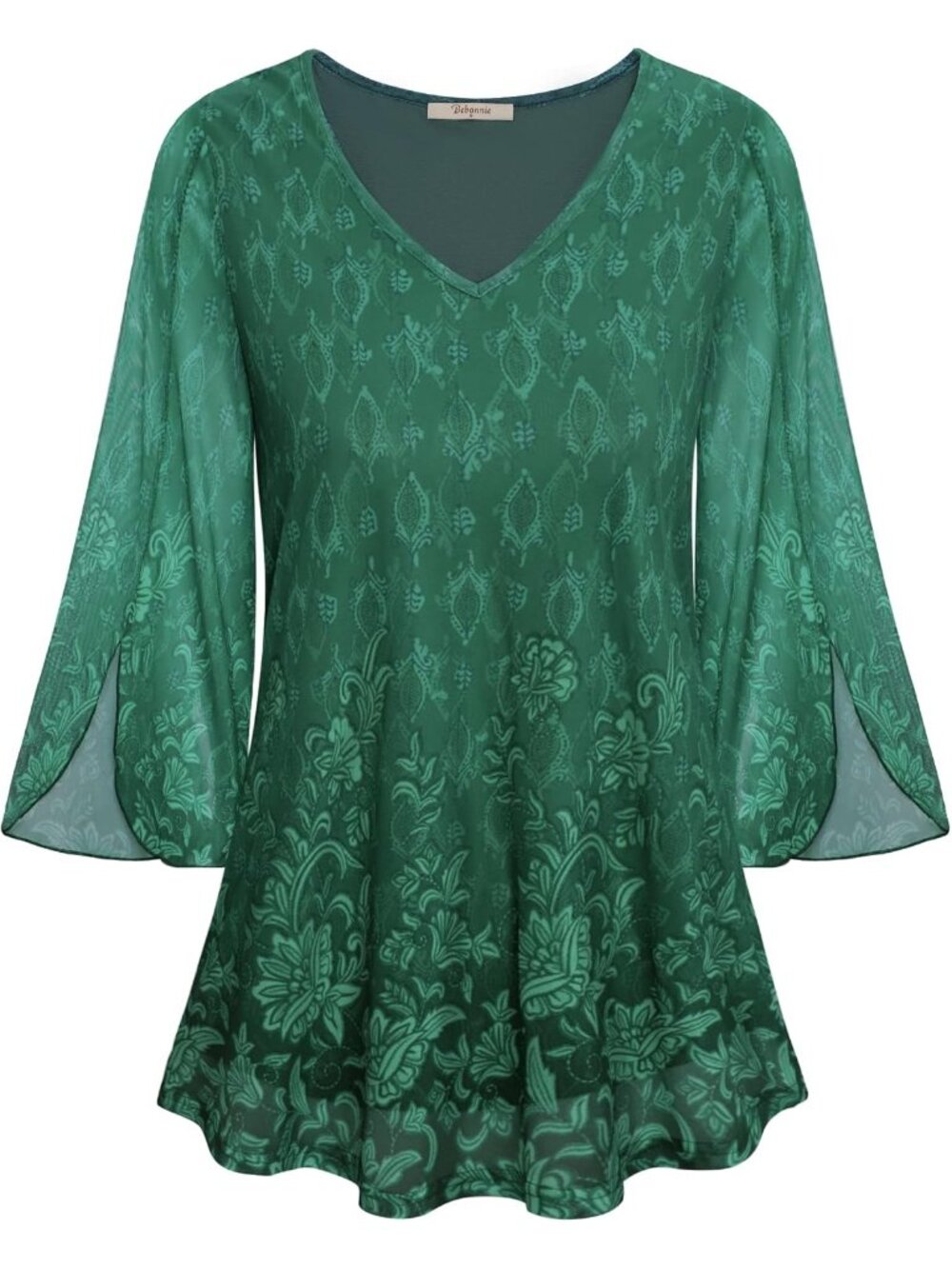 Bebonnie Women's Top Green Ruffle 3/4 Sleeves V Neck Double Layers Mesh Blouses